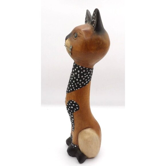 Wooden Cat Statue Hand Carved Embellished Metal Wire Whiskers Unbranded Unsigned - Picture 4 of 10